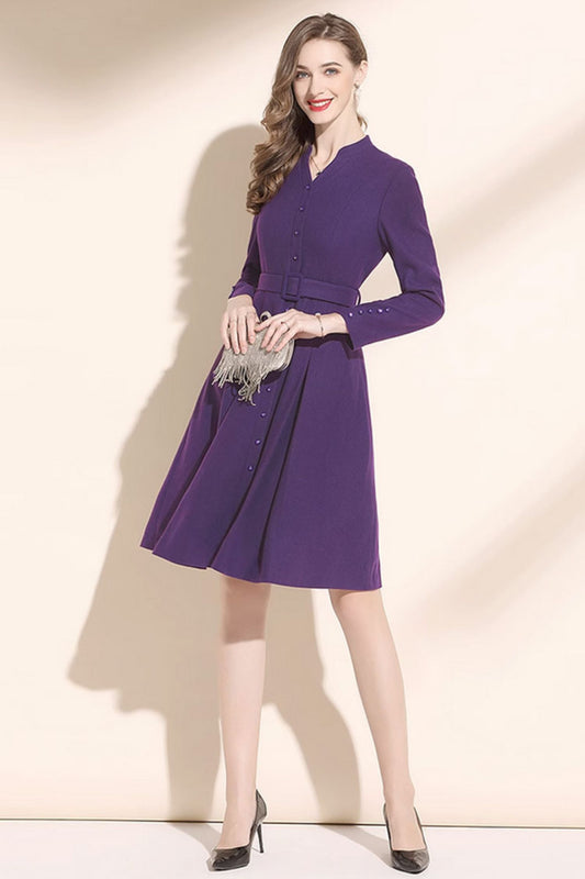 V neck purple winter wool dress with belted waist C3442