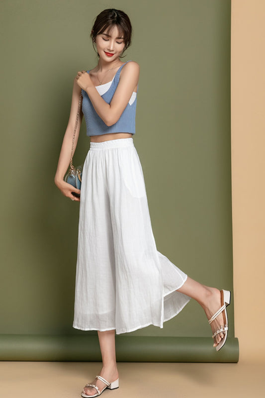 High waisted cotton linen wide leg pants C3469