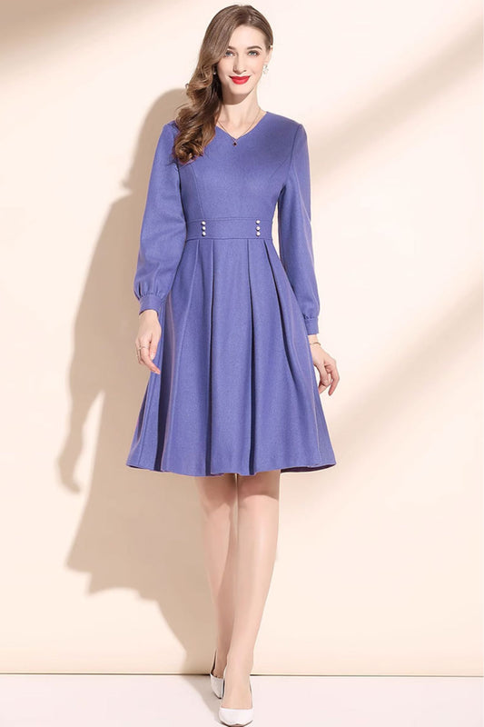 V neck purple wool winter dress for women C3463