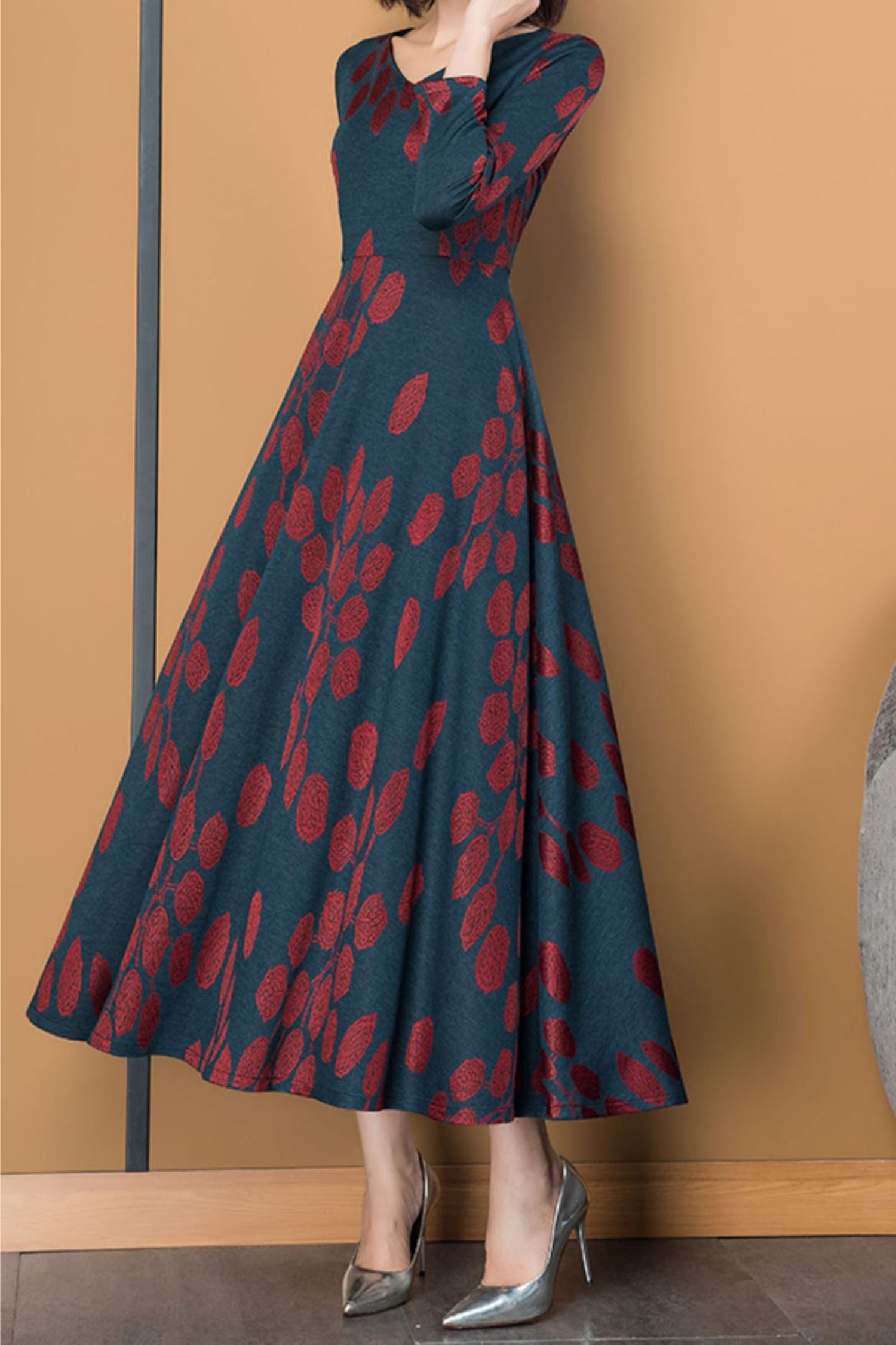 autumn flowy dress Sunflower Long Sleeve Maxi Dress for Women, High Waist Flowy A-Line Dress, Boho Floral Autumn Dress, Elegant Casual Nature Inspired Outfit