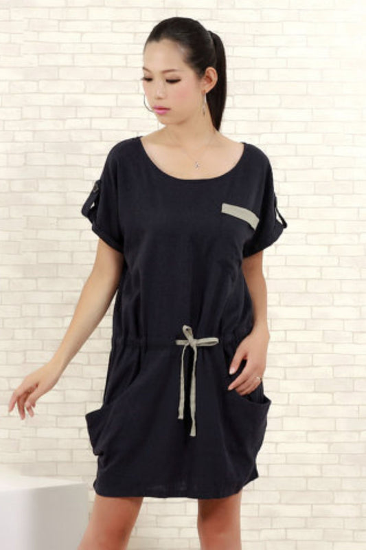Black Waist Drawstring Short Sleeve Dress C295