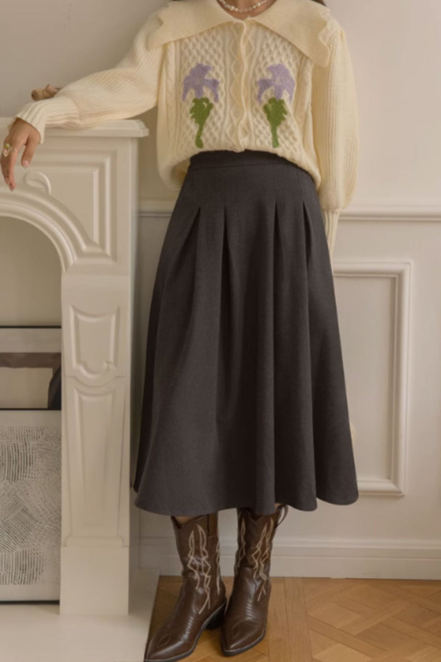 Pleated gray midi wool winter skirt C3525