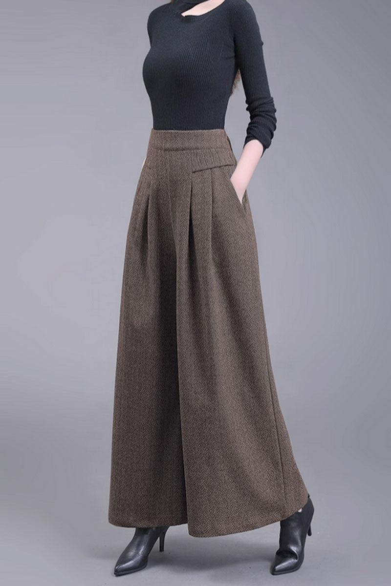 Gray Wool Wide Leg Pants - High Waist Winter Comfort C3436