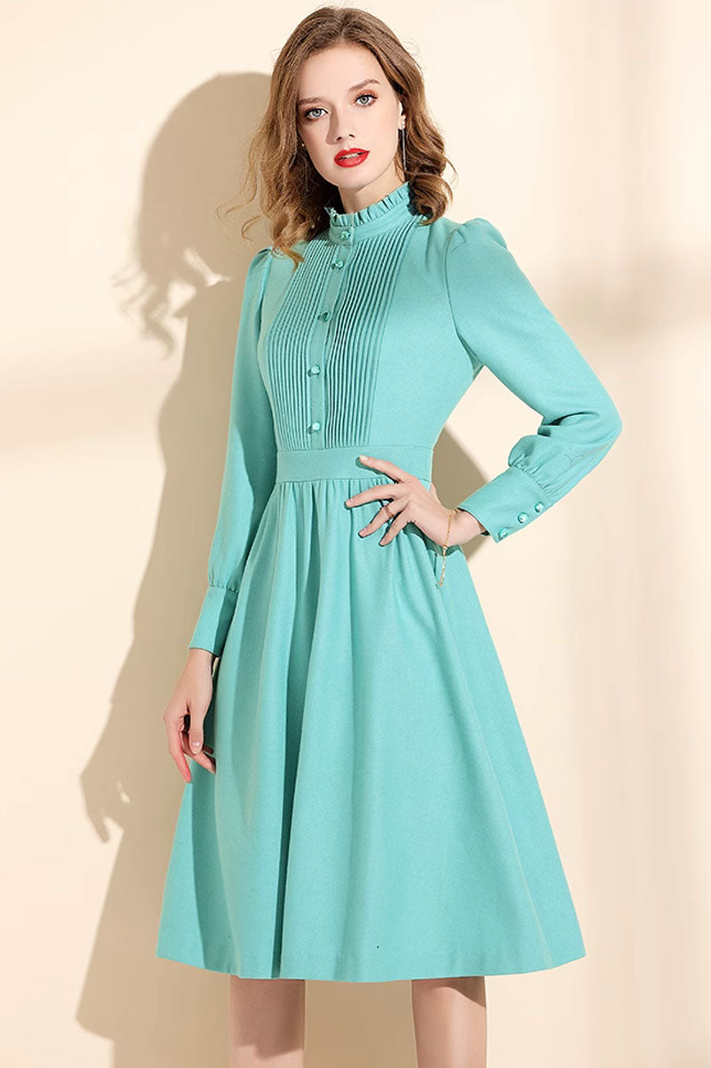 Mint green wool dress, womens winter dress with ruffle details C3466