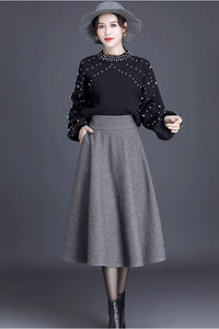 gray a line skirt with wide waist band, winter wool skirt  C3428