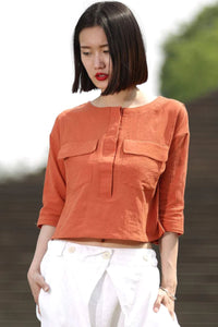 Orange linen top, loose linen top, linen top, mini tops C498