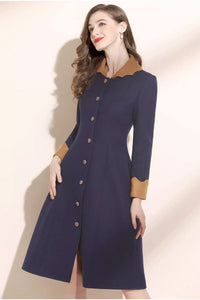 blue fit and flare wool dress with button closure in front  C3443