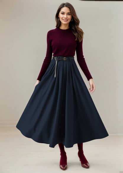 Navy Pleated Long Wool Skirt C5234