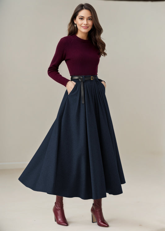 Navy Pleated Long Wool Skirt C5234