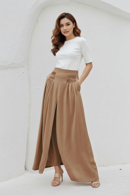 Brown Wide Leg Linen Palazzo Pant C5394