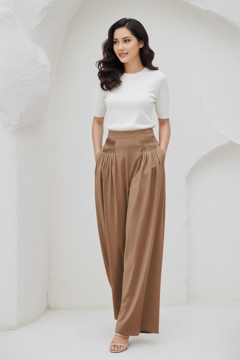 Brown Wide Leg Linen Palazzo Pant C5394