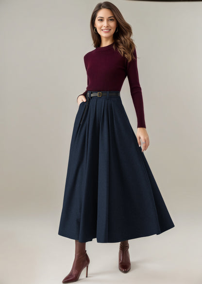 Navy Pleated Long Wool Skirt C5234