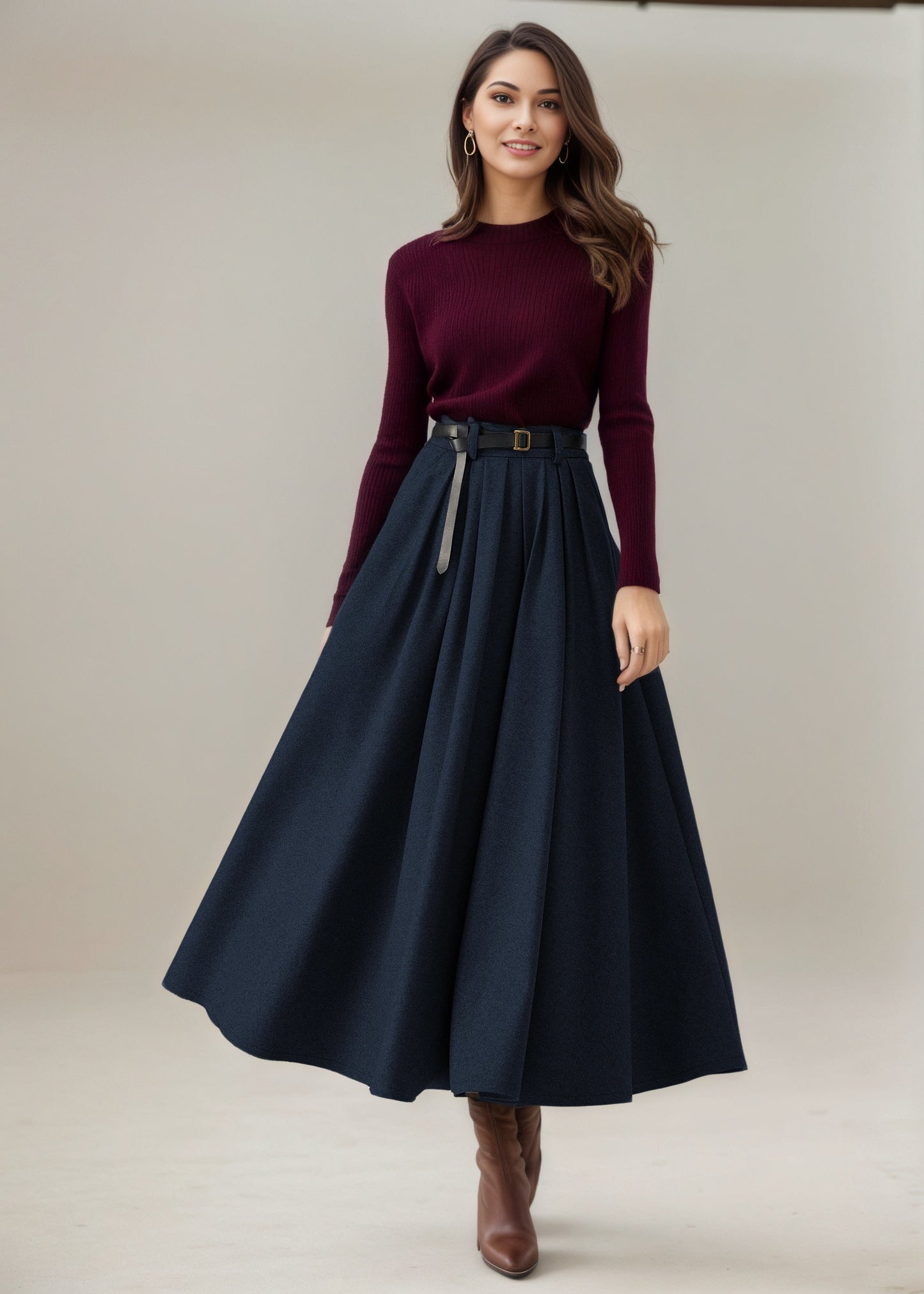 Navy Pleated Long Wool Skirt C5234