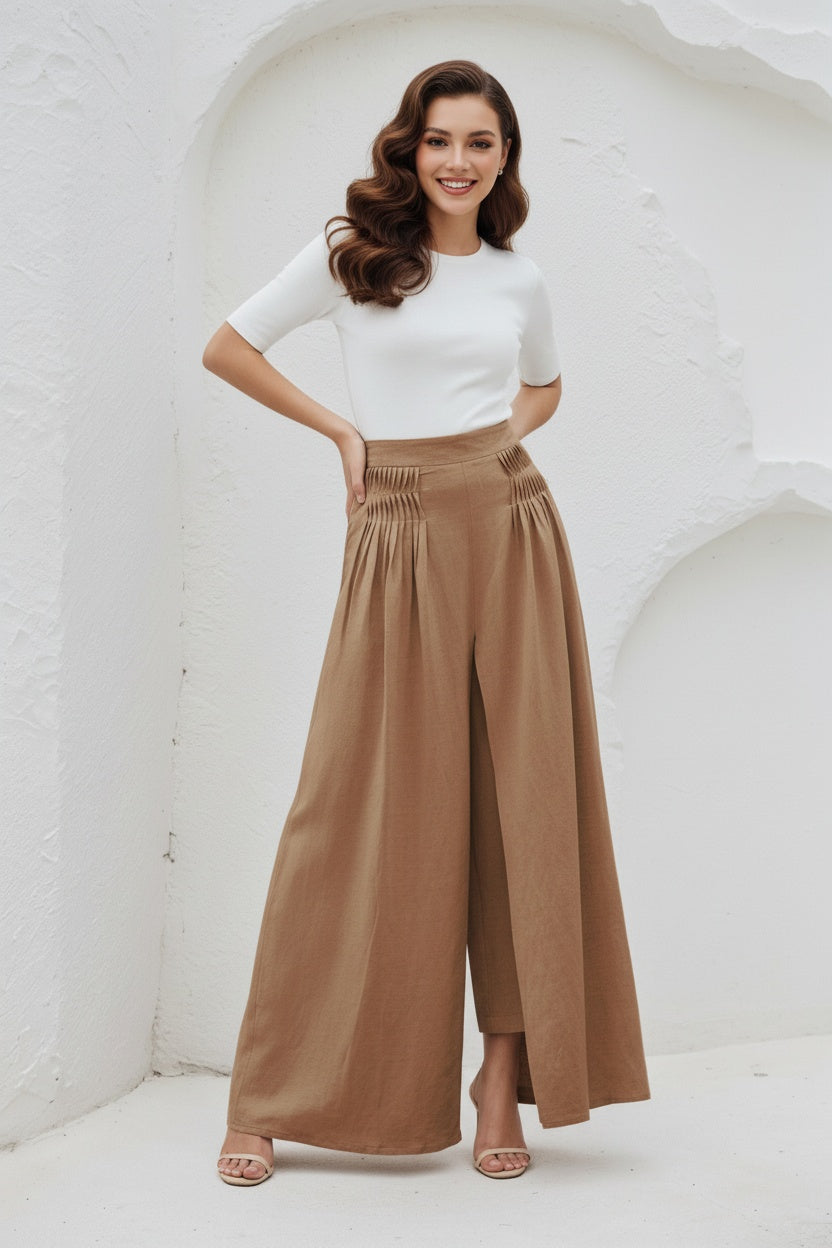 Brown Wide Leg Linen Palazzo Pant C5394