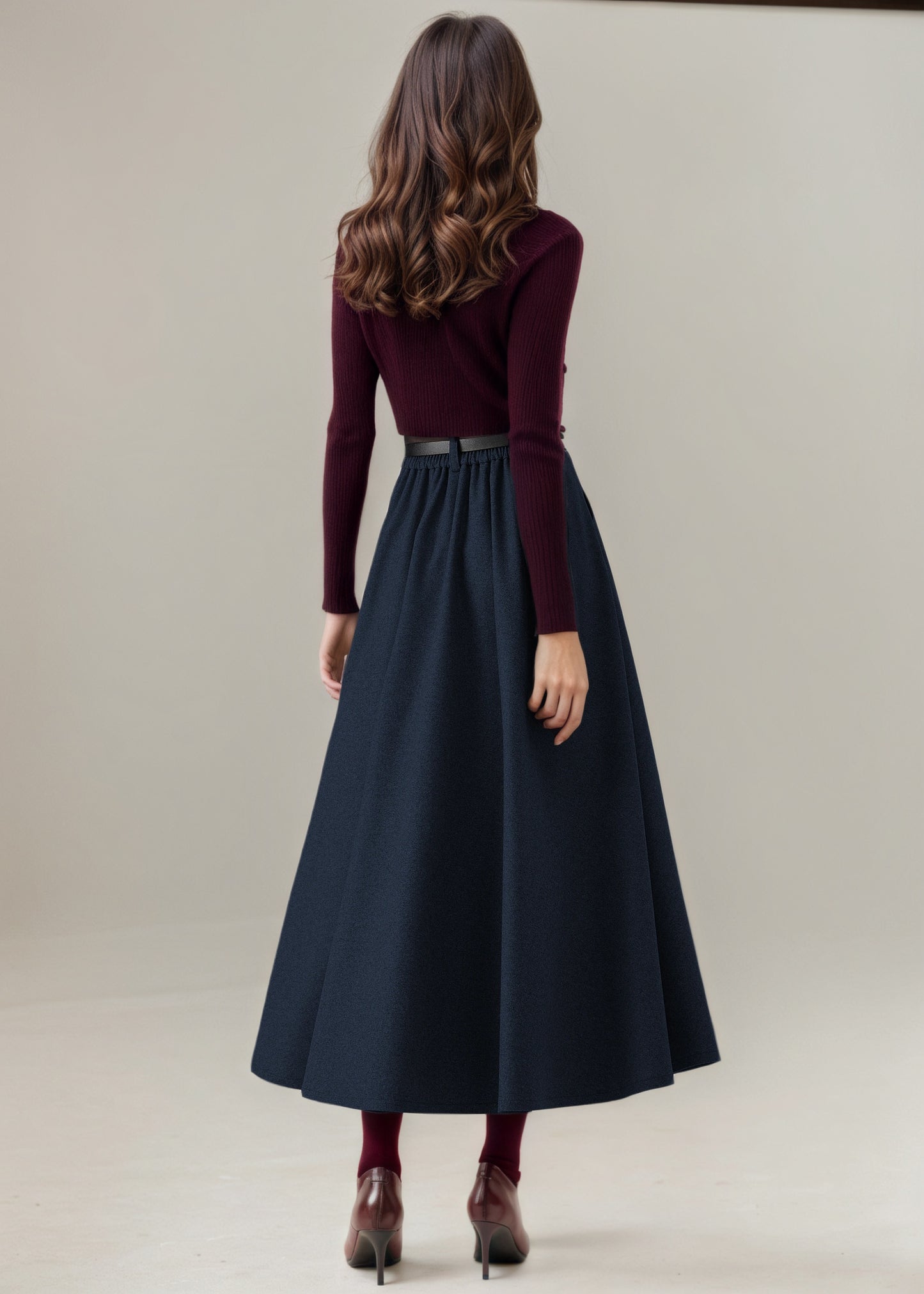 Navy Pleated Long Wool Skirt C5234