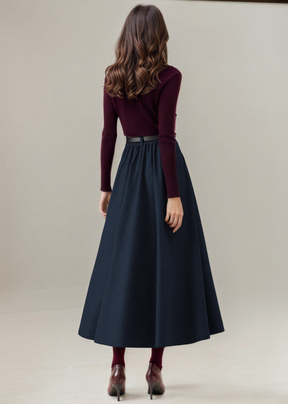 Navy Pleated Long Wool Skirt C5234