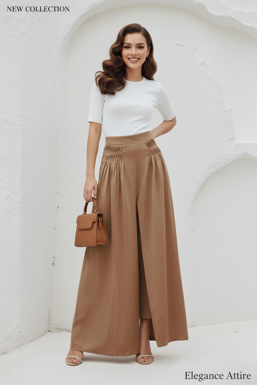 Brown Wide Leg Linen Palazzo Pant C5394