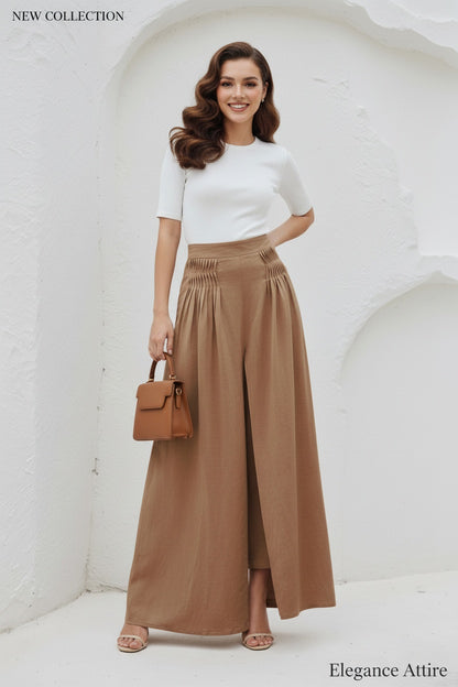 Brown Wide Leg Linen Palazzo Pant C5394