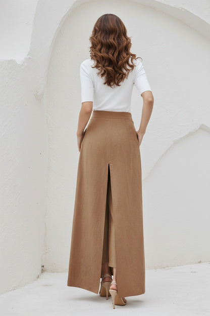 Brown Wide Leg Linen Palazzo Pant C5394