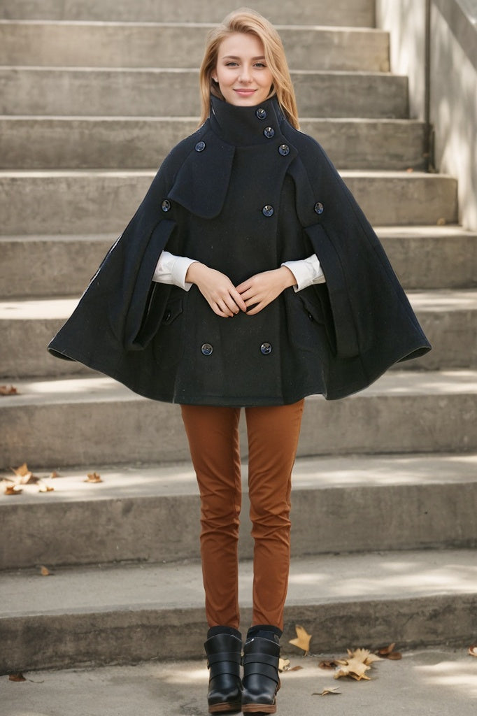 Black Poncho Style High Collar Short Women Cloak Jacket - C193