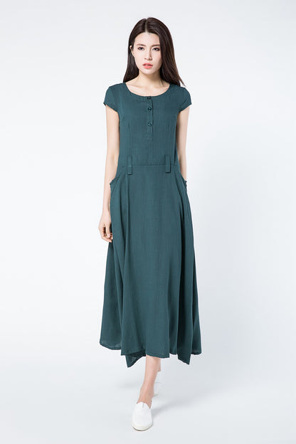 Green linen dress for summer with pockets c1087