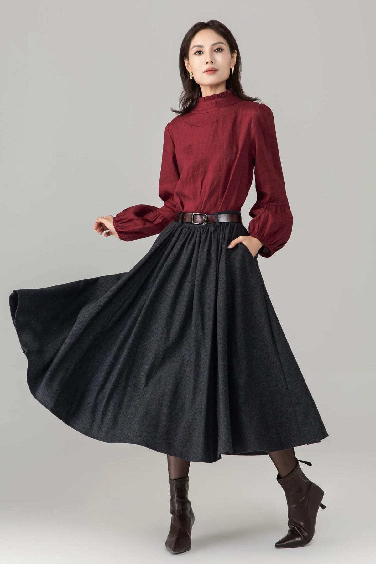 Gray Wool Blend Vintage Circle Skirt Mid-Calf Length c5688