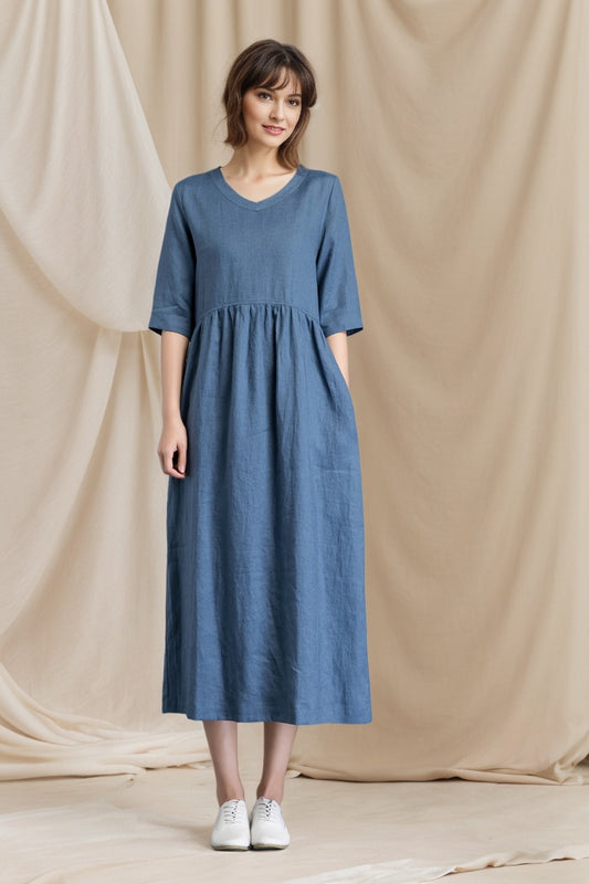 Blue linen dress womens long linen dress with pockets C4800