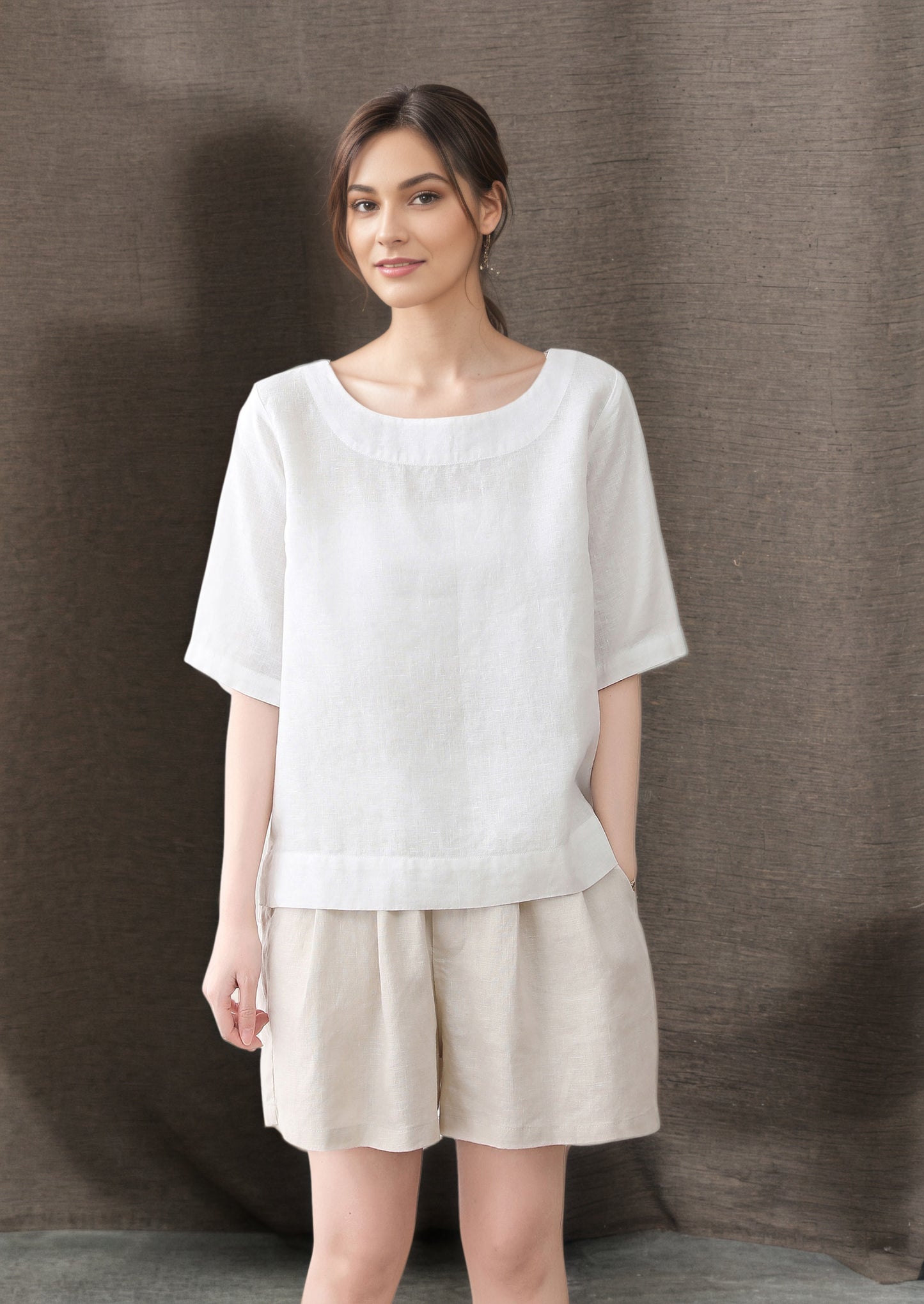 White Short sleeve summer linen blouse C4849
