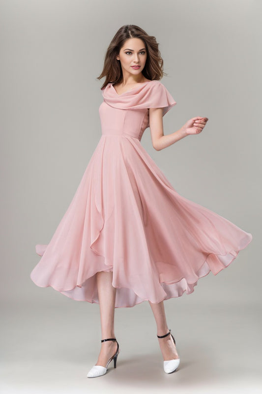 Pink bridemaid prom chiffon dress women C4863