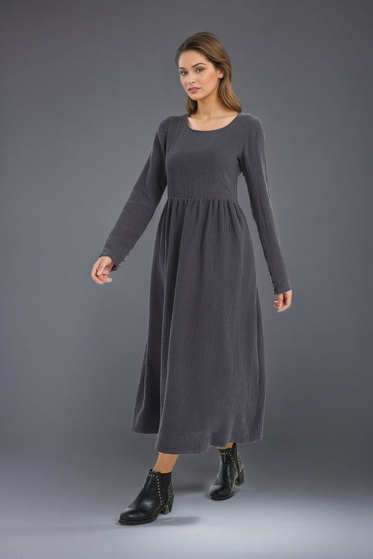 long women winter linen pockets dress C5133