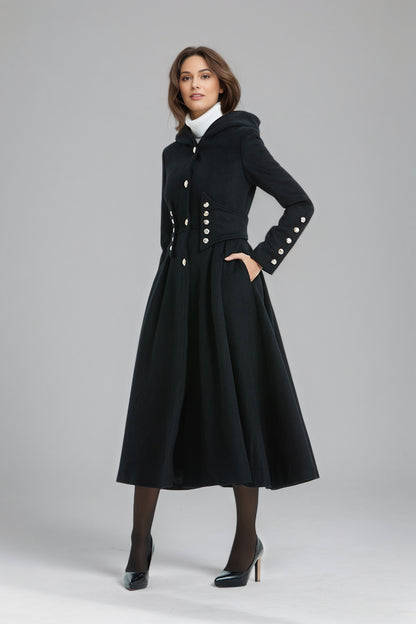 Military Hooded Winter Black Wool Coat C5135
