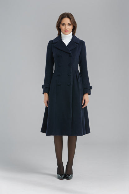 Double breasted Navy Blue Wool Coat C5136