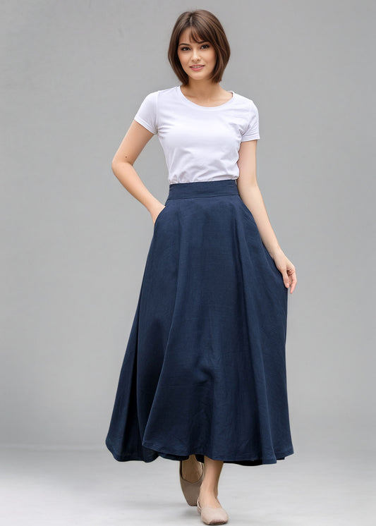 Casual High Waist A Line Blue Linen Skirt C5144