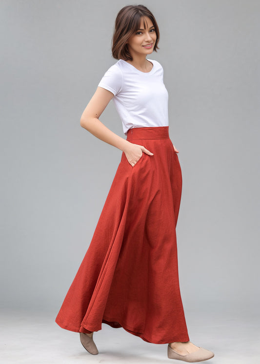 Orange Swing Long Maxi Linen Skirt C5146