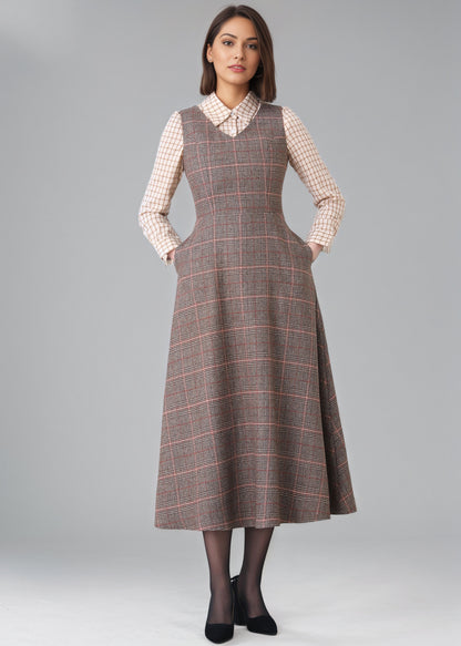 Winter Sleeveless Plaid Wool dress Women C5150