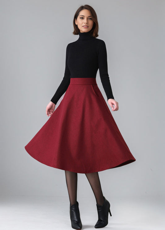 Midi High Waist Wool Skirt With Pocket C5155