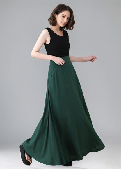 Long Green A-Line  Linen Maxi Skirt C5156