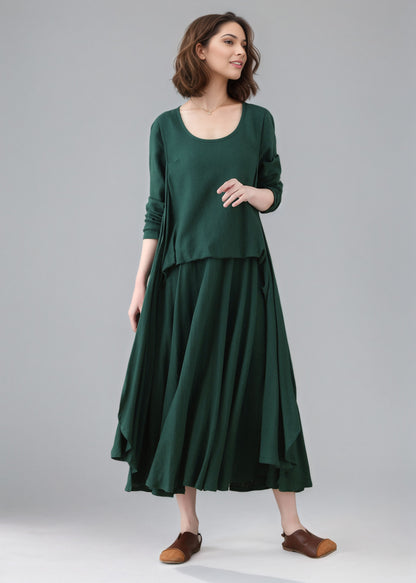 Green Asymmetrical Linen dress C5158