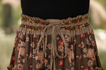 Brown Cotton Maxi Skirt - Floral Print, High Waisted Pleated c5440