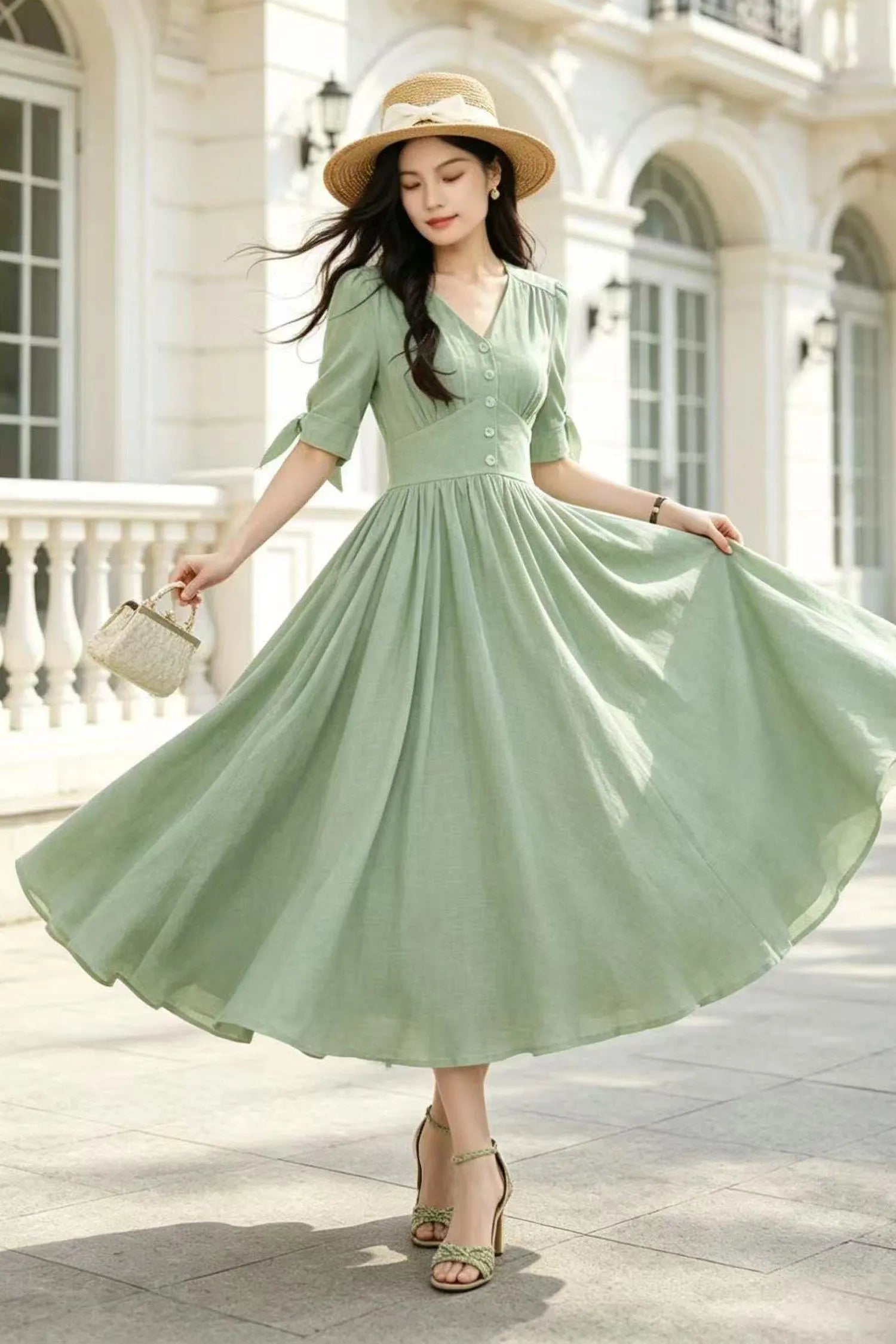 sage green linen dress Midi while the flowing fit Color:Heather Navy 101124 Slate Blue Long Prom