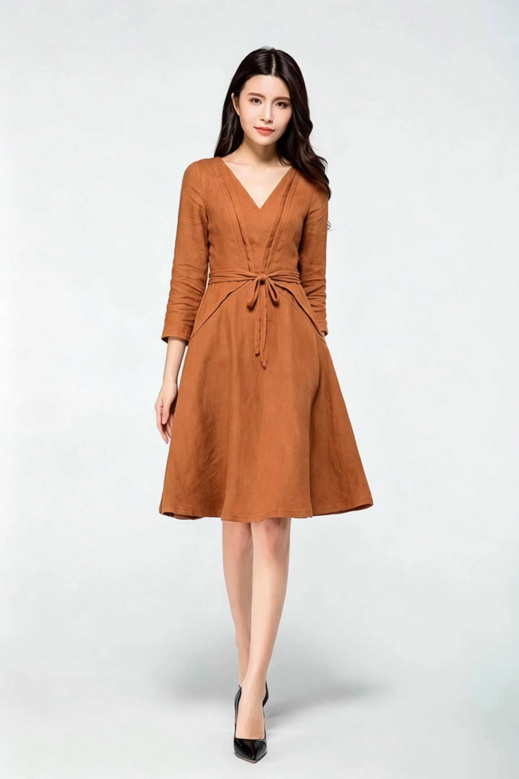 Orange Linen A-Line Dress with V-Neck and Tie Waist c5606