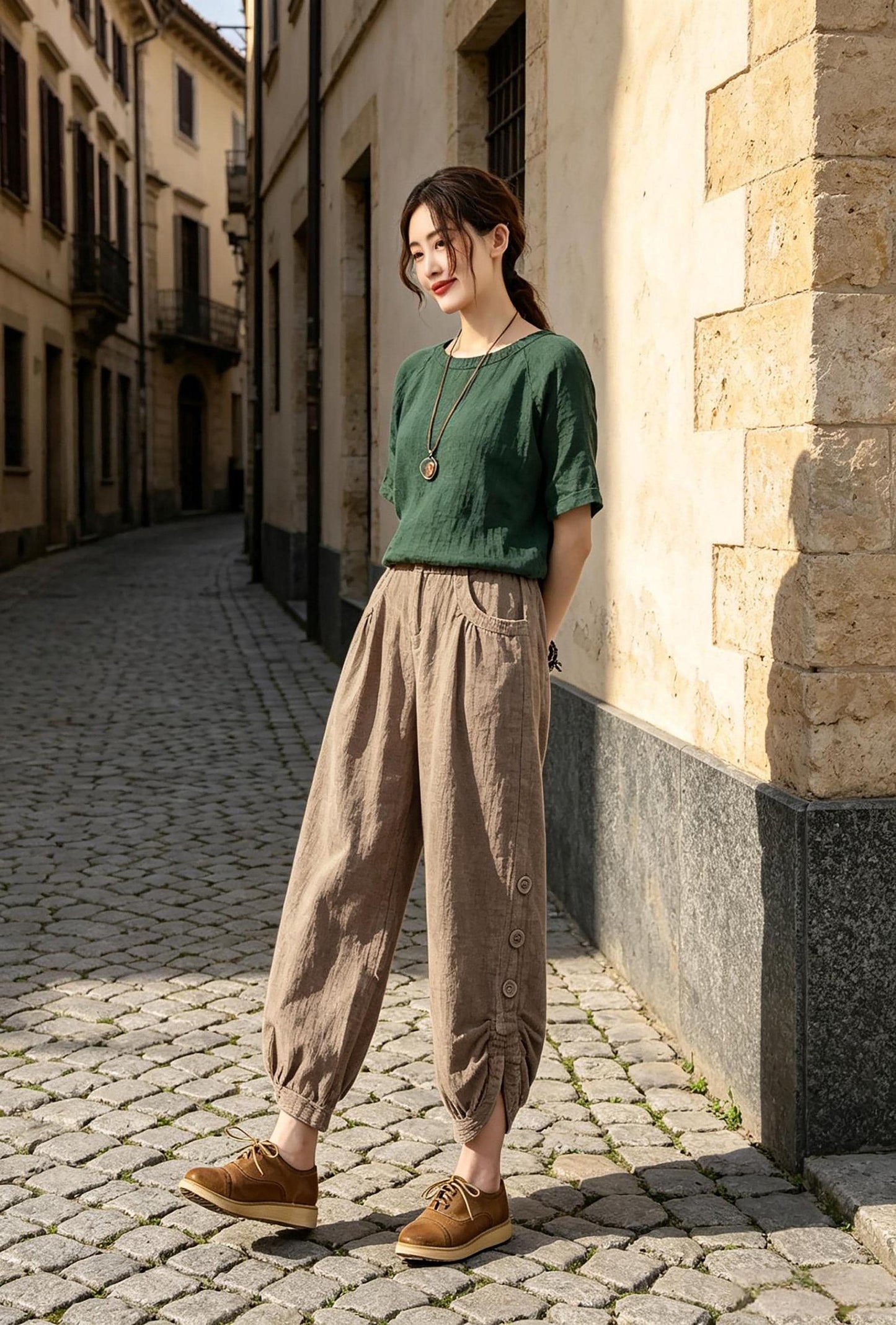Khaki Linen Wide-Leg Pants with Asymmetric Hem and Button Closure Vintage Style c5616
