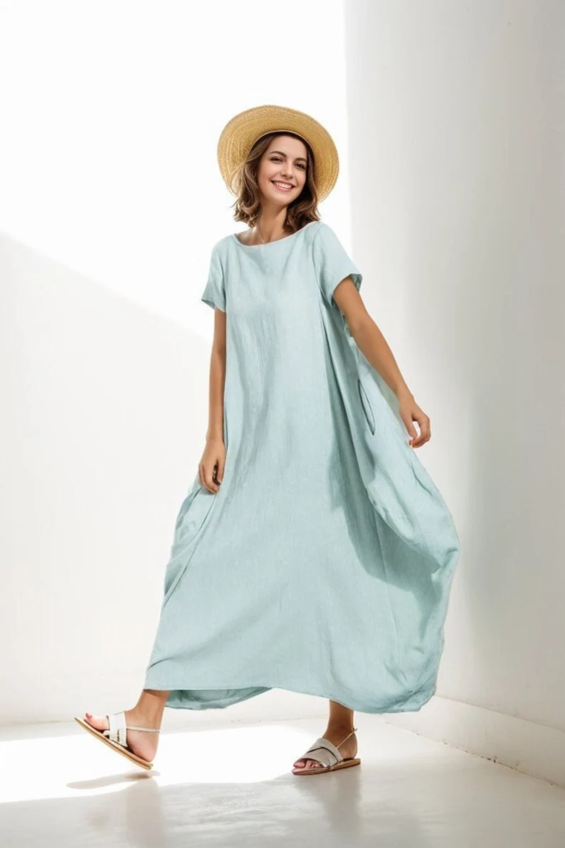 mint green linen dress Jinhomg Elegant Summer Dresses for Women Lightweight Comfy Cotton Linen Midi Dress Casual Plain 3/4 Sleeve V Neck Beach Dress Spring Saving Today