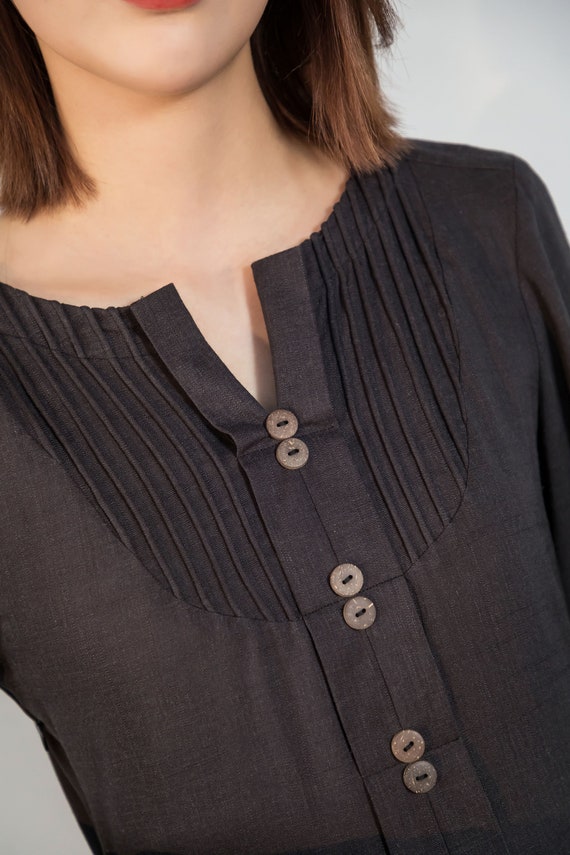 Gray Cotton Linen Maxi Dress - Vintage-Inspired Pleated Swing C4722