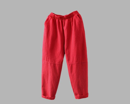 Orange Linen Cropped Pants - Elastic Waist, Tapered Casual Trousers C1805
