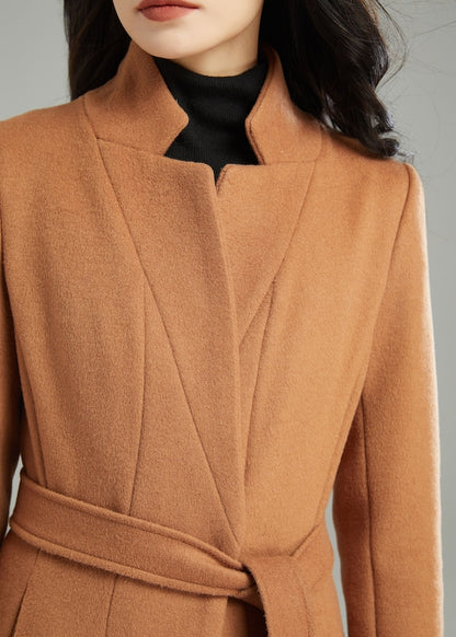 Brown Wool Coat - Long A-Line Belted Winter Coat C4954