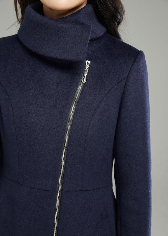 Blue Wool Coat - Asymmetrical Hem and Zipper Closure C4958