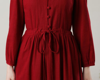 Red Linen Midi Dress - Button Front with Drawstring Waist c3238