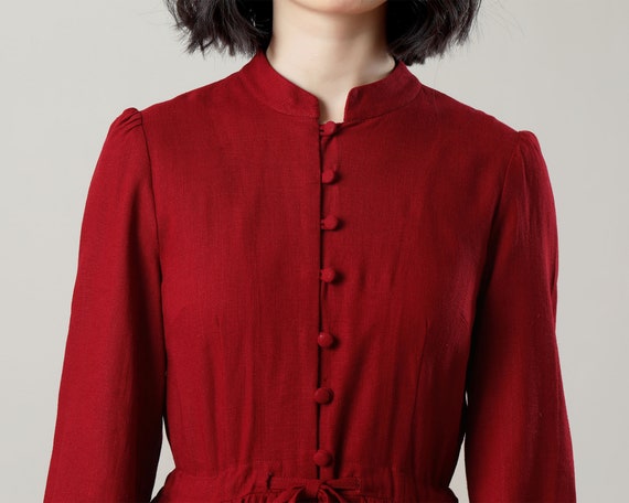 Red Linen Midi Dress - Button Front with Drawstring Waist c3238