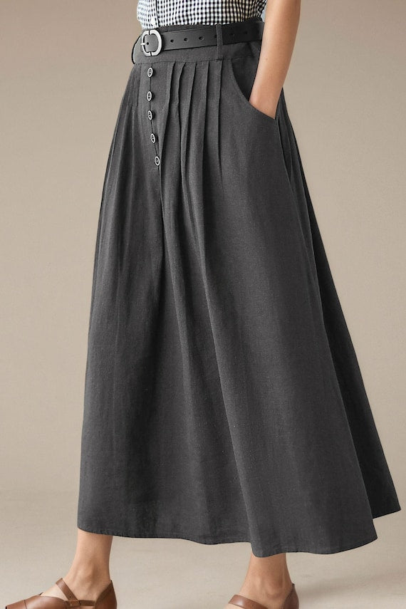 Brown Cotton Linen Maxi Skirt - Pleated A-Line Flared Silhouette C5007